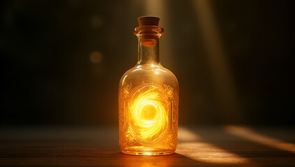 A bottle with a soft, glowing light emanating from within, creating a warm and inviting ambiance in a darkened setting.