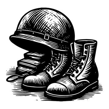 Military Helmet and Combat Boots Stacked Books Black and White Outline Line Art Drawing Vector Illustration