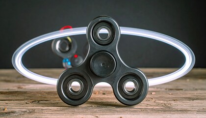 Black Spinner Toy with Glowing Dual Ring on Wooden Surface
