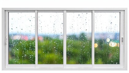 Rain Streaks On Sliding Glass Window Showing Blurred Green Landscape
