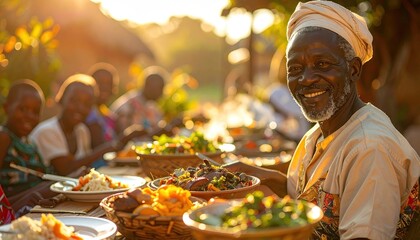 Warm Golden Light Illuminates Family Feast in African Village