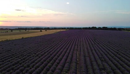 Aerial View of Lavender Field at Sunset