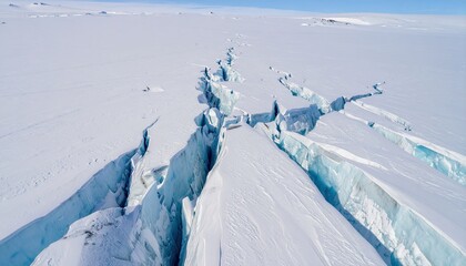 Aerial View of Turquoise Glacier Crevasses in a Snow Field