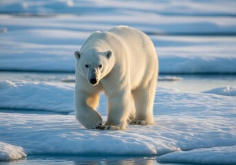 A majestic polar bear walks forward on a melting ice floe in the Arctic environment.
