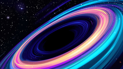 A vibrant, stylized black hole with a swirling accretion disk of neon colors set against a starry deep space background.