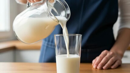 Person pouring fresh milk from glass pitcher into cup on wooden kitchen table