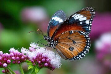Fototapeta premium Butterfly on pink flower with green background
