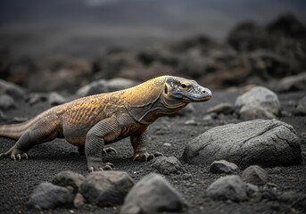 A large Komodo dragon walks across a desolate, rocky terrain with volcanic soil.
