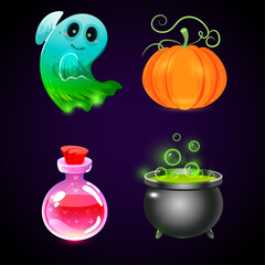 Cute Halloween elements set with ghost, pumpkin, potion, and cauldron