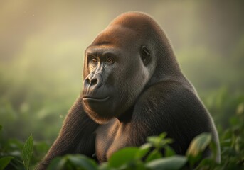 Obraz premium A majestic silverback gorilla sits thoughtfully in a lush jungle environment with soft, warm backlighting.