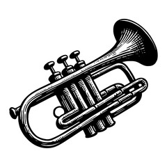 Naklejka premium Detailed Vintage Engraving Style Trumpet Musical Instrument Black and White Outline Line Art Drawing