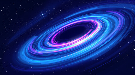 Vibrant cosmic spiral galaxy with swirling blue and purple light against a dark starry night sky, depicting an abstract celestial phenomenon.