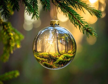 Close-up of a clear Christmas ornament reflecting a sunlit forest scene, hanging on a green evergreen branch. Background blurred