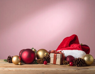 Christmas still life background with glossy baubles gift boxes ribbons Santa hat pine cones and golden bells on rustic wooden table over soft pastel gradient background
