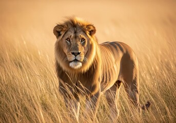 A majestic male lion with a full mane stands in the golden savanna grass looking directly at the camera.