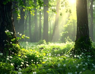 Sunlight streams through a lush forest, illuminating the vibrant greens