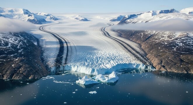 Majestic aerial view of a massive glacier flowing into a deep blue arctic ocean with icebergs