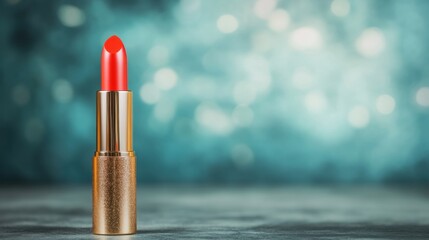 Bright red lipstick on shiny surface with blurred background