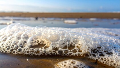 Close-Up of White Sea Foam Bubbles on Sandy Beach