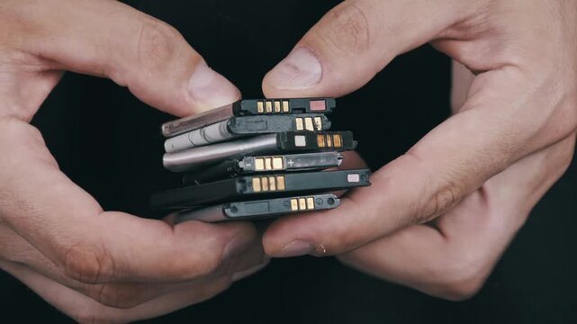 Hands display a collection of expired and used smartphone batteries against a dark backdrop. Electronic waste hazardous materials and battery disposal theme.