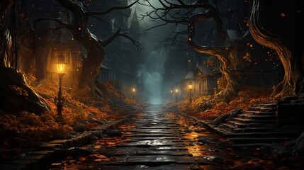 A Mystical and Eerie Pathway Illuminated by Gas Lanterns in an Enchanted Forest at Dusk