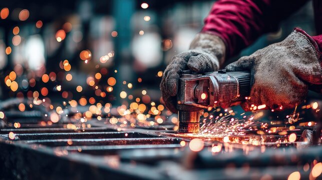 Metalworker using a grinder, sparks flying.