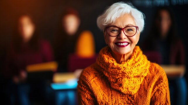 Elderly woman in warm sweater smiling at a gathering in a cozy classroom