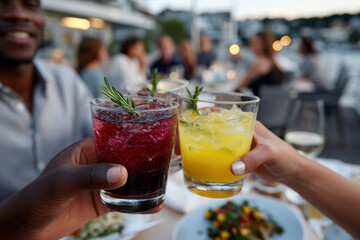 Friends clink their colorful cocktails, enjoying fine dining while sharing laughter and good times in a picturesque outdoor setting with stunning views.
