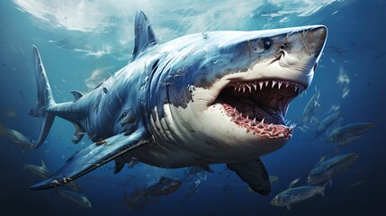 Obraz premium A powerful great white shark emerges from the deep blue ocean depths, its mouth agape revealing rows of sharp teeth, with a school of smaller fish swimming in the background.