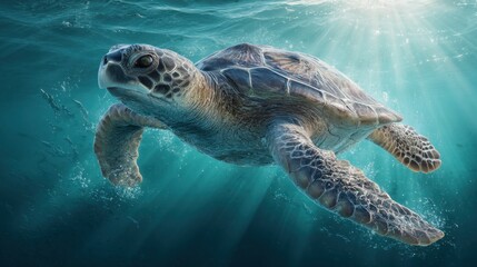 Fototapeta premium Graceful sea turtle swimming through turquoise waters ocean depths underwater photography vibrant environment close-up view marine life