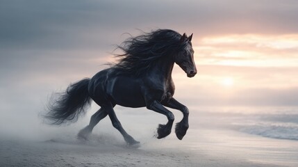Obraz premium Majestic black horse galloping on a serene beach at sunset nature photography dreamlike atmosphere dynamic perspective