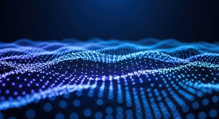 Abstract glowing blue and purple digital particles creating a futuristic wave pattern on a dark background