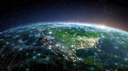 Obraz premium Earth illuminated by city lights from space highlighting major urban areas and network connections at night. A bright glow surrounds the planet creating a stunning view.