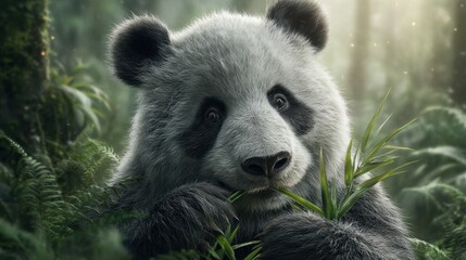 Fototapeta premium Giant panda eating bamboo lush green forest wildlife photography tranquil environment close-up view nature conservation