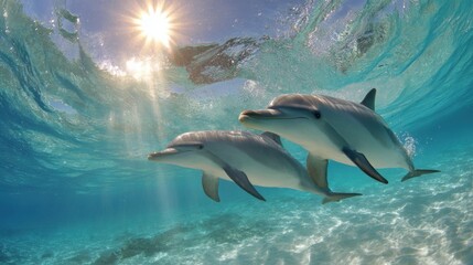 Naklejka premium Two playful dolphins swim close together in clear turquoise water. Sunlight shines down from above creating a beautiful shimmering effect on the sea surface.