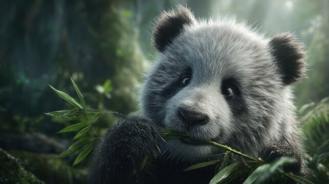 Giant panda feasting on bamboo in lush green forest wildlife photography nature scene close-up view conservation awareness
