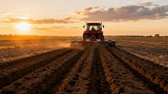 Farmer in tractor working field at sunset