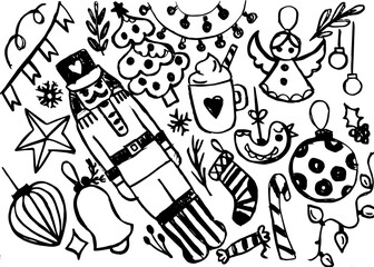 Hand-drawn Christmas and holiday doodles with nutcracker, angel, and festive drink in black and white sketch style with copy space
