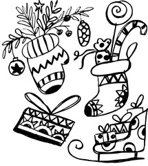 Hand-drawn Christmas stockings, gifts, and snow globe in black and white sketch style with copy space