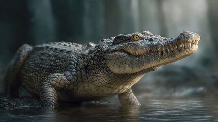 Obraz premium Crocodile encounter in serene wetlands wildlife photography nature environment close-up view animal behavior observation