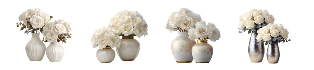 Elegant White Hydrangea Arrangements in Decorative Vases.