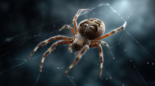 Spider in action captivating close-up of a web-spinner dark environment macro photography detailed insect study
