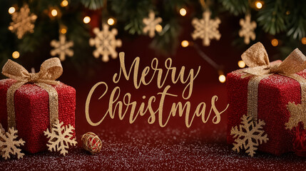 Christmas Cheer with Presents: Festive gifts sit amidst enchanting gold snowflakes, and sparkling lights, with a merry message that conveys a joyful message of hope and happiness.