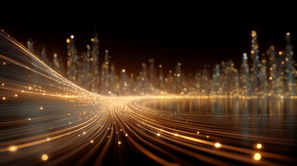 Illuminated City:  A dynamic display of a modern metropolis shimmering with light trails across the night sky, symbolizing innovation and technological advancement.