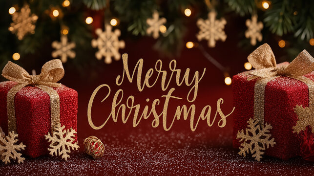 Christmas Cheer with Presents: Festive gifts sit amidst enchanting gold snowflakes, and sparkling lights, with a merry message that conveys a joyful message of hope and happiness.
