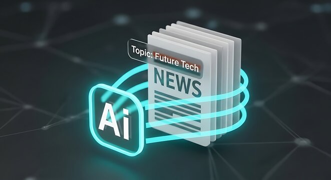 Artificial intelligence connects to news articles representing future technology topics in a digital environment, showcasing innovation and information flow.