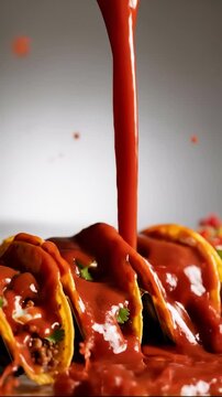 Pouring Red Sauce Onto Three Tacos in a Row