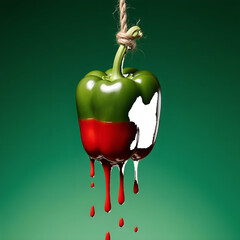 Obraz premium Green bell pepper with red liquid dripping isolated on a transparent background