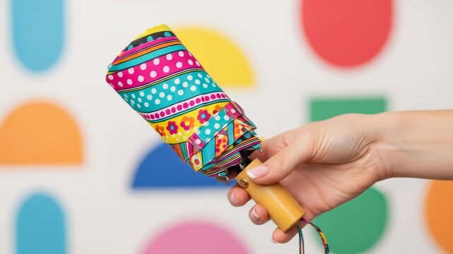 A hand holds a compact, folded umbrella with a vibrant, multicolored floral and polka dot pattern