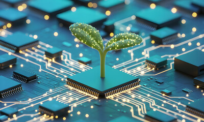 Green sprout growing from computer chip symbolizes tech innovation and growth